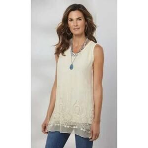 Soft Surroundings Size Medium Araceli Silk Embroidered Layered Tank Top Ivory